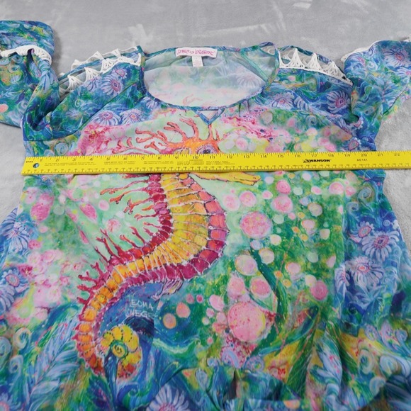 Leoma Lovegrove Womens Blouse L Seahorse Colorful Artsy Split Sleeve Crochet Tie - Picture 8 of 12